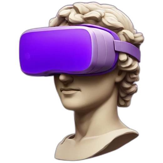 an EMOJI OF A ancient young greek statue, wearing VR headset, purple colors, DIGITAL UNIVERSE emoji