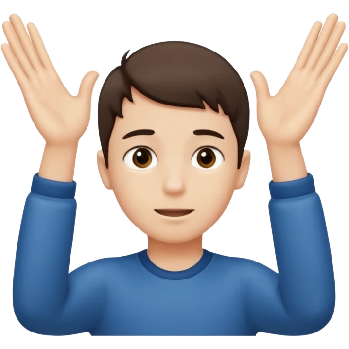 A boy with both hands facing up saying 67 emoji