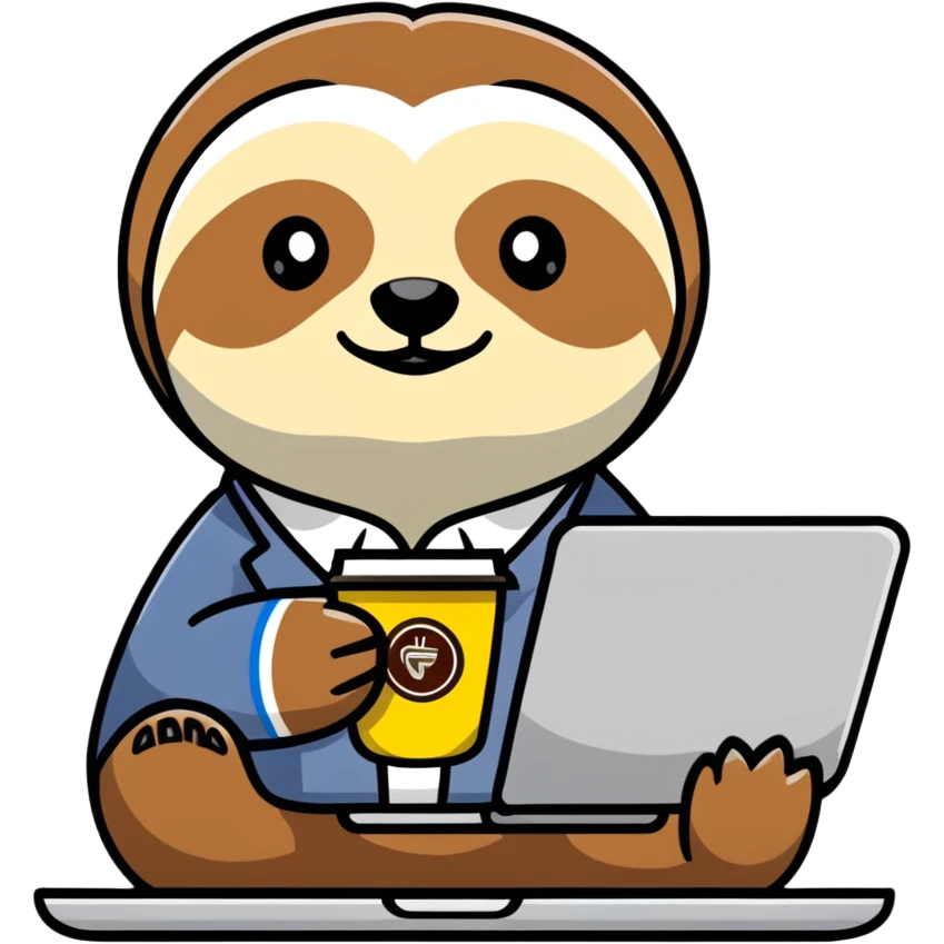 Elderly sloth boss in cartoon style, hand-drawn, muted warm tones. Office clothes, often with coffee or laptop. Ukrainian text, readable in dark mode. emoji