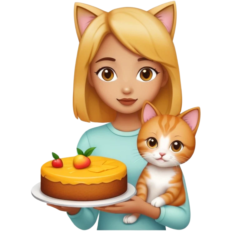 Beautiful girl holding a mango cake and a kitten emoji