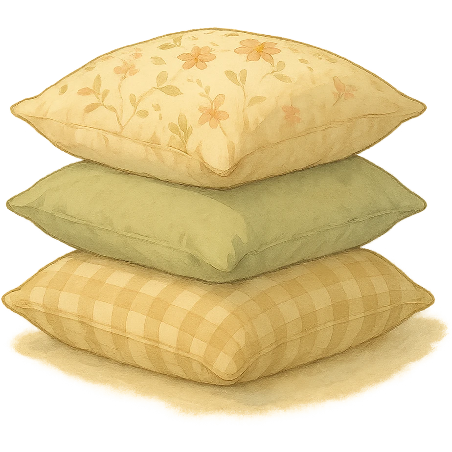 realistic stack of three pillows, floral, plain and gingham pillowcases, natural colors, soft, fairy-like atmosphere, no background, square size emoji