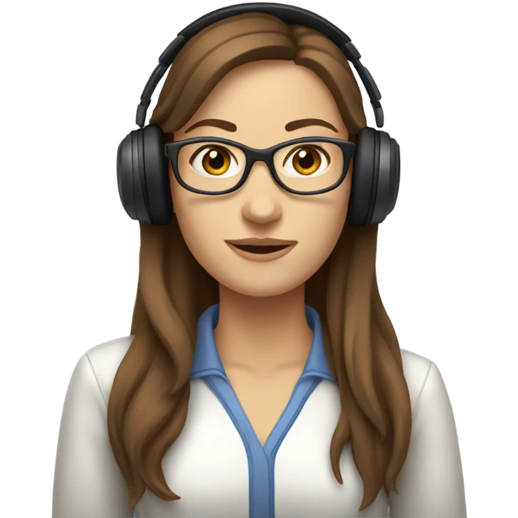Caucasian female with long brown hair and glasses. Wearing computer headphones/headset. emoji