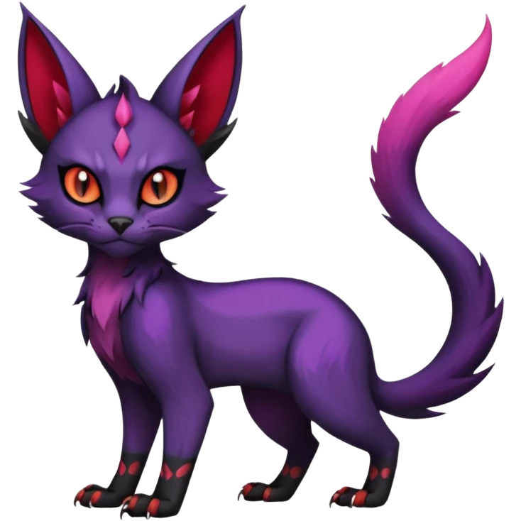 Black edgy Noivern-Noibat-Purloin-Torracat-Lykoi-Caracal-cat-Fakemon-fusion-hybrid-creature with violet and red scale markings emoji