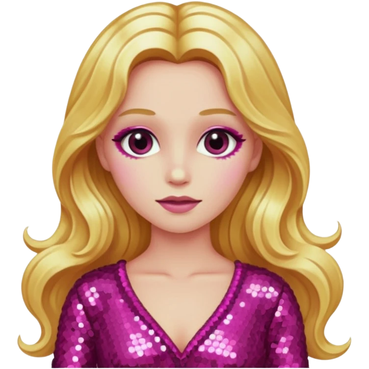 Venus from Ancient Gods with pink skin, long golden blonde hair, dark pink sequin outfit emoji