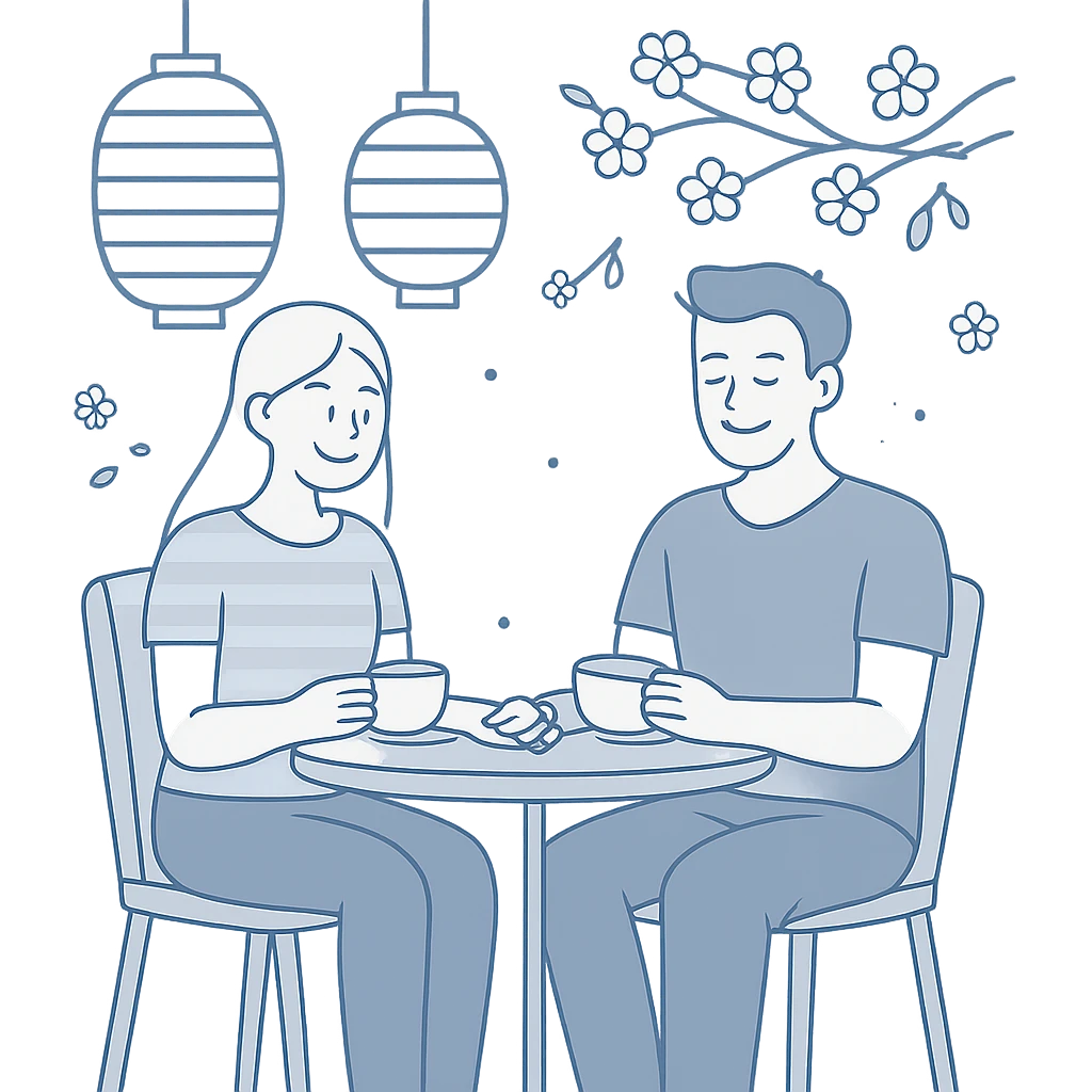 A couple seated at a small street cafe table with Japanese paper lanterns, cherry blossoms nearby, and simple teacups, clean minimal design with soft curves emoji