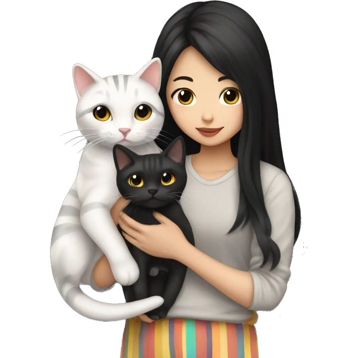 asian with long black hair girl holding cat striped color emoji