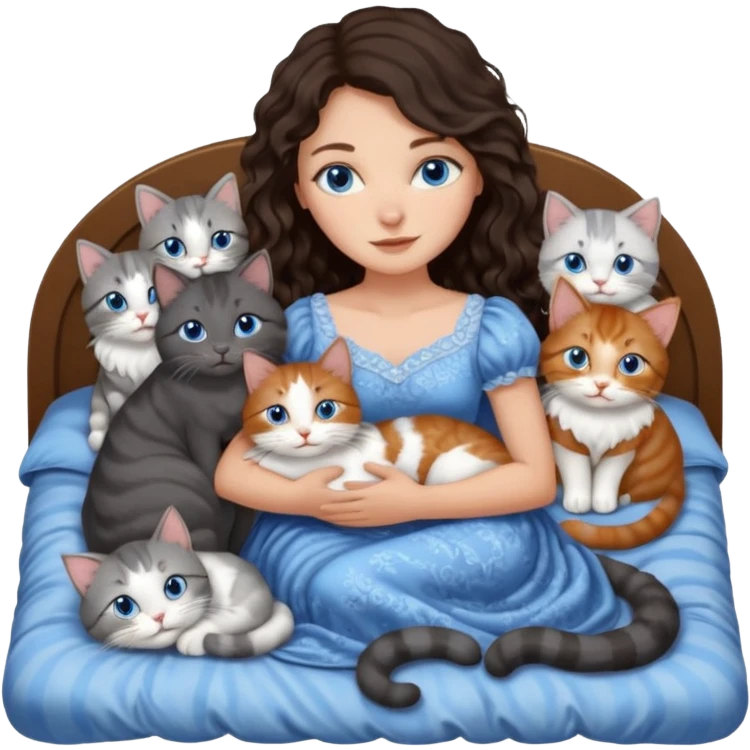 detailed realistic looking a dark grey and white cat regally laying with six other cats, cuddling with their owner in bed who is a pretty bratz lightly tanned white girl with long dark brown hair, blue eyes and gorgeous long wavy hair wearing a pretty detailed dress emoji