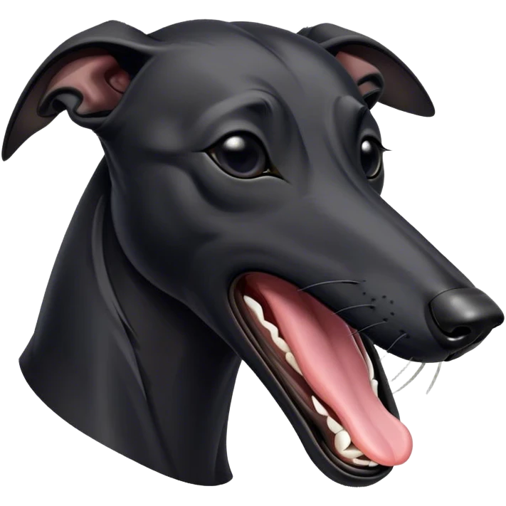 Cinematic Cute Yawning Black Greyhound Portrait Emoji, Head tilted slightly with a dramatic, wide-open yawn, showcasing a sleek black Fur with a polished finish, floppy ears slightly drooping, round dark eyes barely open in drowsy contentment, Simplified yet irresistibly adorable features, highly detailed, glowing with a soft, cozy glow, high shine, relaxed yet expressive, stylized with a touch of whimsy, bright and endearing, soft glowing outline, capturing the essence of a sleepy yet affectionate racer, so drowsy it feels like it could stretch out of the screen and curl up for a nap! emoji