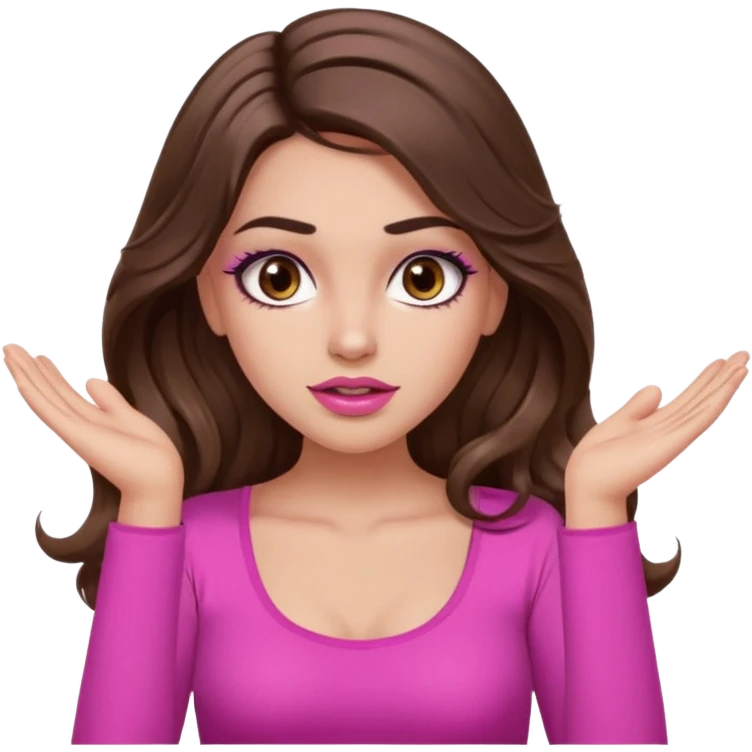 girl with long wavy brown hair, brown eyes, long lashes makeup, sexy pink lips, light to medium complexion, pink sexy top, two hands up, shrugging, confused emoji