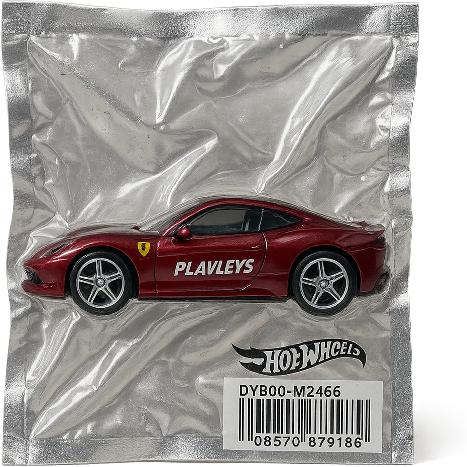 burgundy Ferrari Hot Wheels car with 'PLAVLEYS' text on the side, glossy, vacuum-sealed style emoji