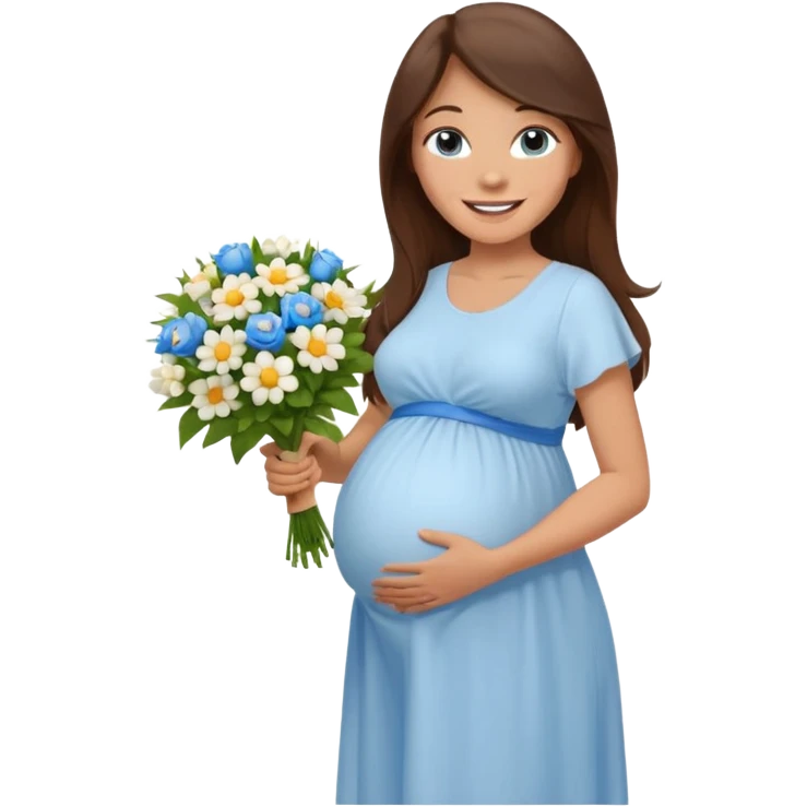 Create a cute emoji-style illustration of a young brunette woman with long brown hair, blue eyes, and a happy smile. She is pregnant, shown with a visible baby bump, wearing a simple white dress and holding a small bouquet of flowers. She looks excited and joyful, as if she's about to marry soon. emoji