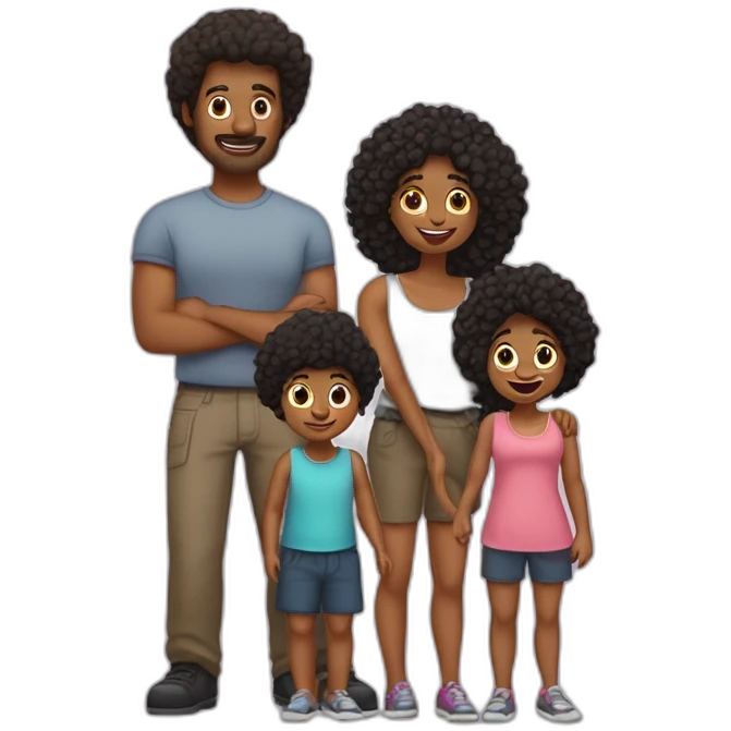 Une famille avec un père qui est gros avec les cheveux noirs et une mère au cheveux courts et avec leur 2 filles, la première avec les cheveux marron et la deuxième avec les cheveux noir  emoji