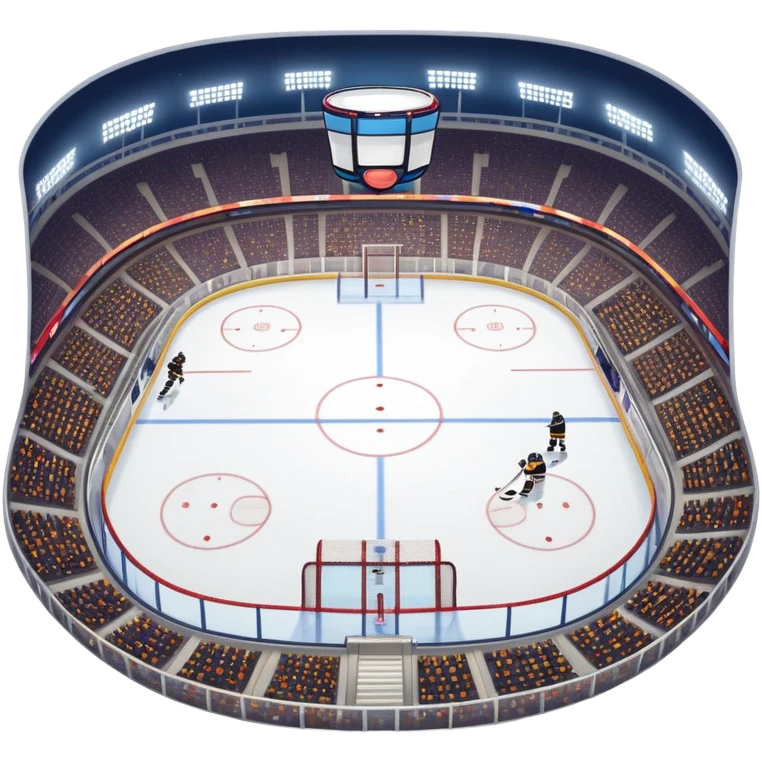 Please, make An icon featuring The background shows a packed stadium with cheering fans, bright arena lights, and an icy rink and close-up shots of key hockey equipment: a hockey stick, puck, and skates. Transparent background highlights the essentials of the game and the thrill of the sport. emoji