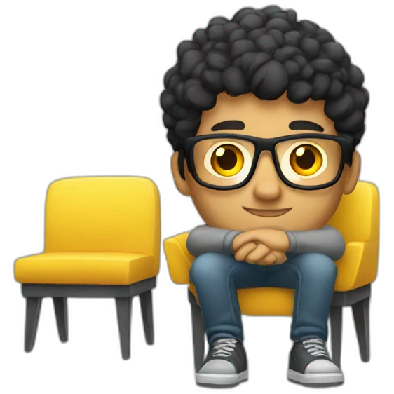 White man with yellow tinted glasses and black hair in a gray jumper and sitting on a chair emoji