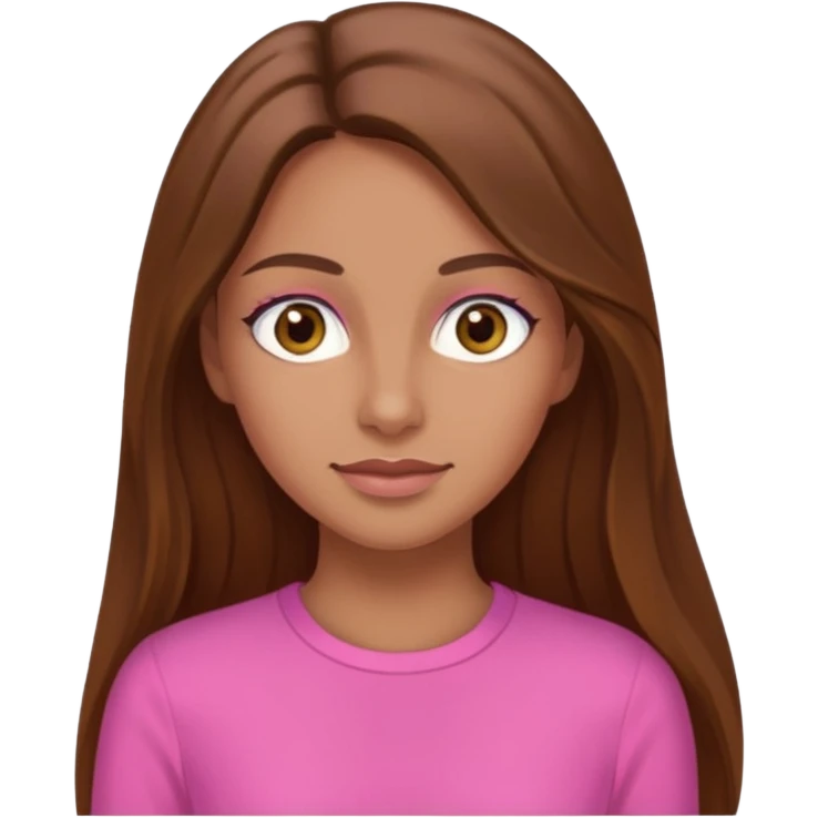 Tan skinned woman with long brown hair, hazel colored eyes, and wearing a pink outfit. emoji