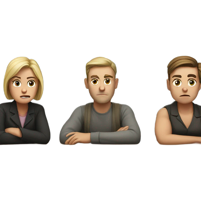 6 Caucasian people sitting at a table looking unhappy emoji