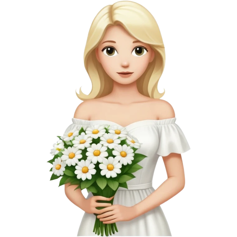 blonde woman in a white off-shoulder dress with a bouquet of white flowers in a white bag in her right hand emoji