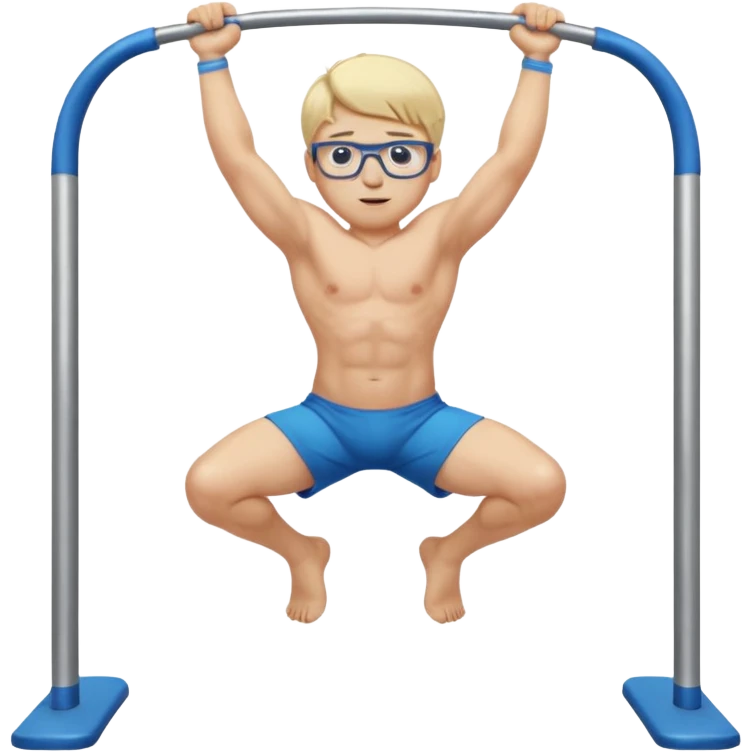 Wygeneruj mi emotke ubranego chłopaka i pokaż go od stóp do głów o włosach blond z niebieskimi oczami w okularach, który podciąga się na drążku emoji