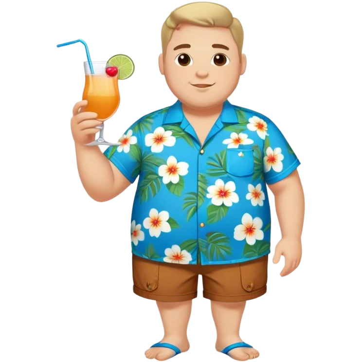chubby guy full figure in a flowered azure havai shirt, brown shorts and flippers holding a cocktail emoji