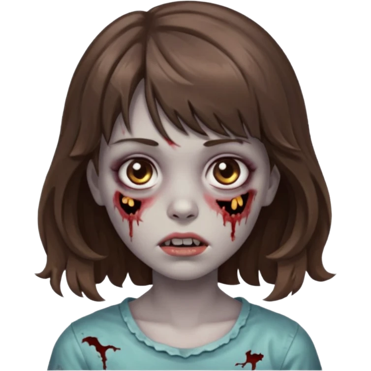 Uma menina zombie com um cabelo ondulado médio, com a franja pro lado esquerdo, o cabelo com cor castanho  emoji