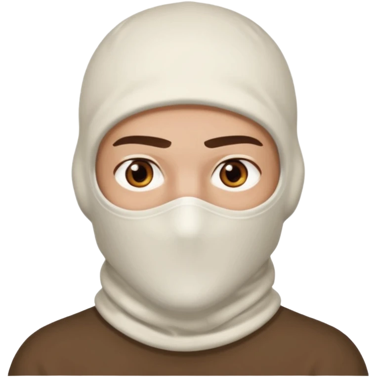 head of a guy with brown eyes wearing a white balaclava without a mouth, with a serious expression emoji