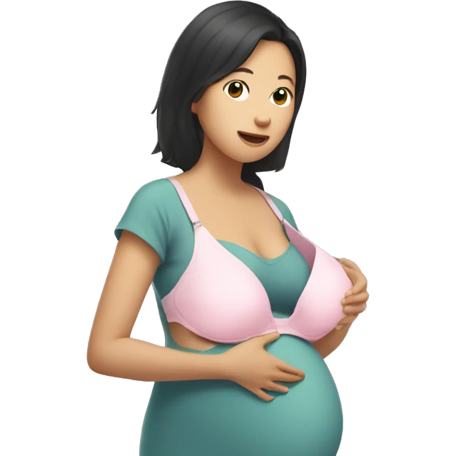 Pregnant Asian woman holds a bra in her hands emoji