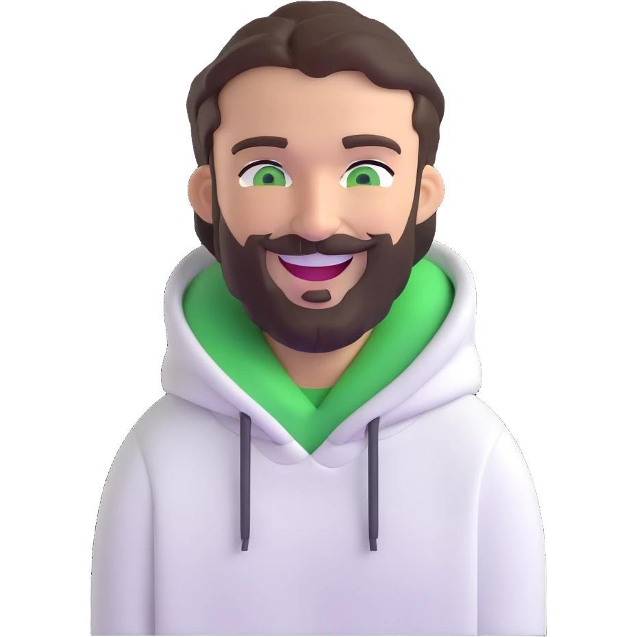 laughing guy with white hoodie, green eyes, dark brown hair and a short full beard emoji
