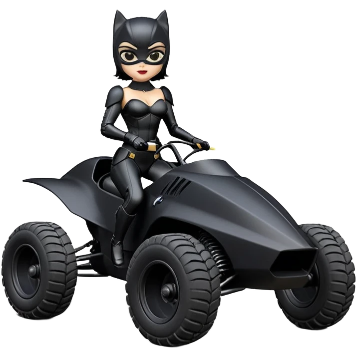 Rc toy with aerodynamic sexy fenders on Catwoman’s buxom attractive armored midnight-colored tight outfit from tv series style dark knight movie stealthy accurate sporty safe deluxe off-road fast pursuit prototype concept car (black hair, sitting back but driving aggressively) secret rally vehicle  emoji
