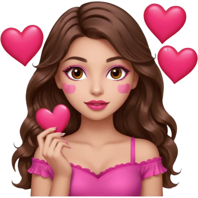girl with long wavy brown hair, brown eyes, long lashes makeup, sexy pink lips, light to medium complexion, wearing a pink sexy top, many  hearts in hand emoji