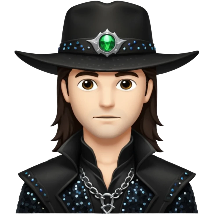 Van Helsing (Male) from Dracula with long dark brown hair, black sequin outfit emoji