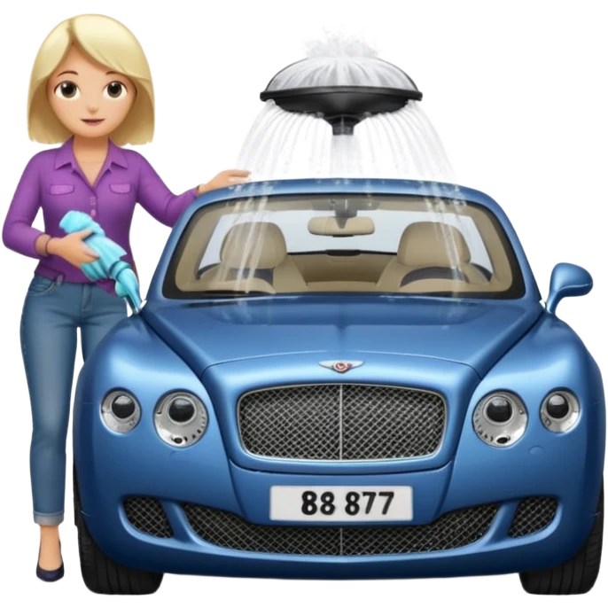 A fatter old blond lady in blue jeans washing a black Bentley car. show the full car and the lady next to it. show the face smaller and the person standing beside it emoji