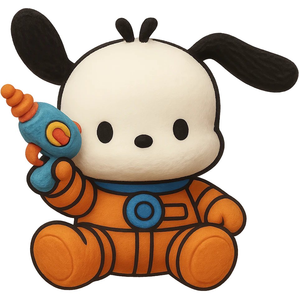 Make Pochacco hold a cute toy gun, keep him white with black ears, orange and blue space suit, plushy Popmart doll style, playful and adorable, no background emoji