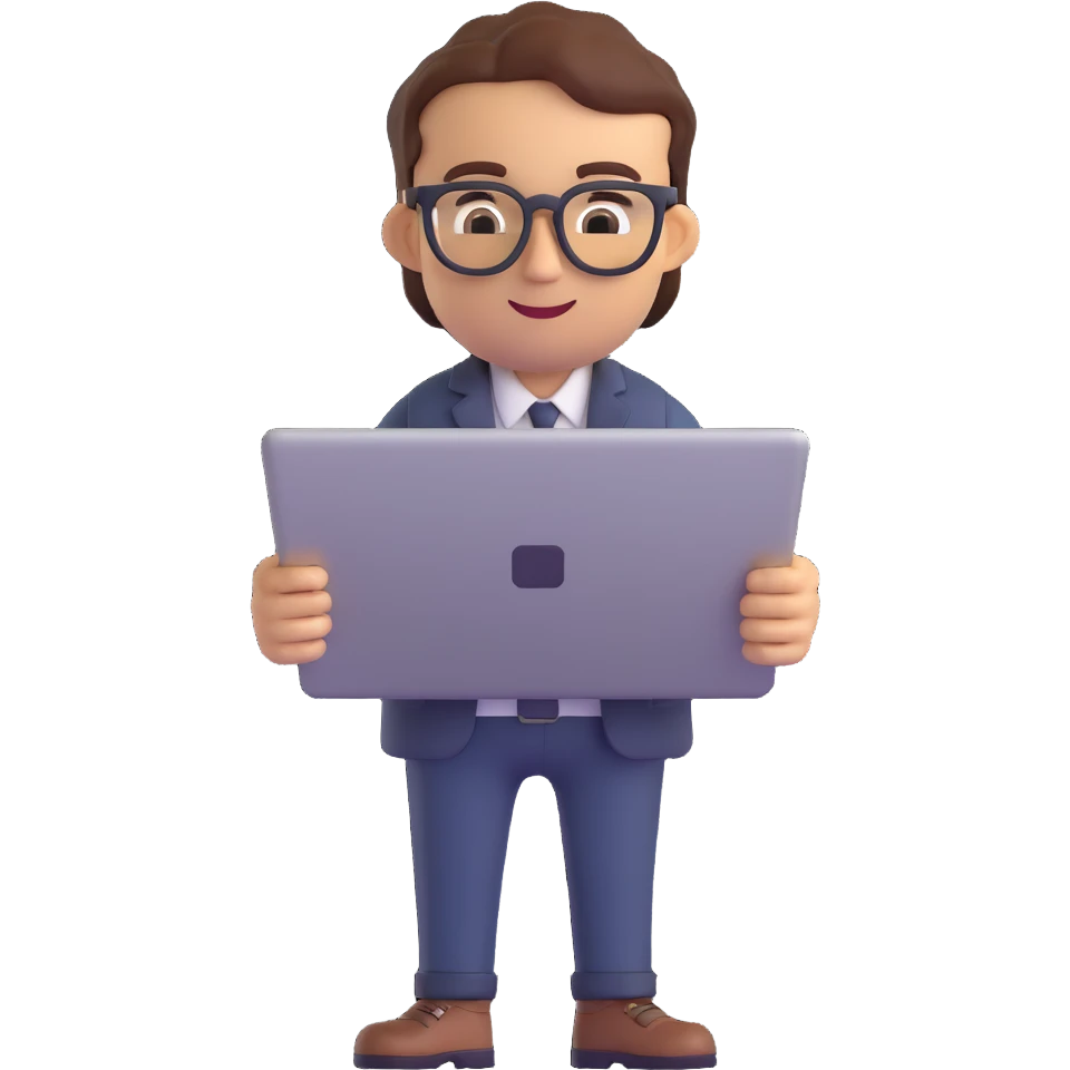 technical architect emoji, holding a laptop and rolled-up plans, wearing glasses emoji