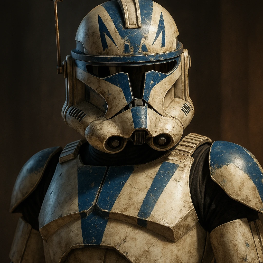 Captain Rex from Star Wars, detailed helmet, blue markings, clone trooper armor, heroic pose, iconic look emoji