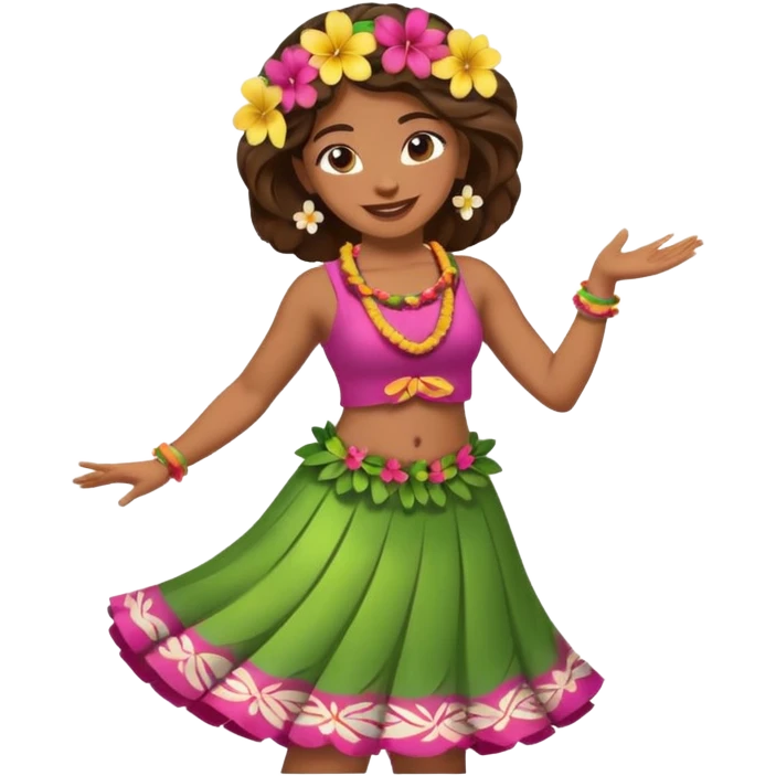 Hawaiian hula dancer with a flower in her hair, mid-dance, smiling, classic emoji style emoji