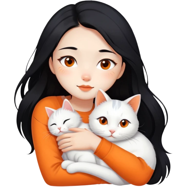 East Asian girl with long flowing black hair hugging a predominantly white cat with orange patches, sweet and gentle, cute facial expressions emoji