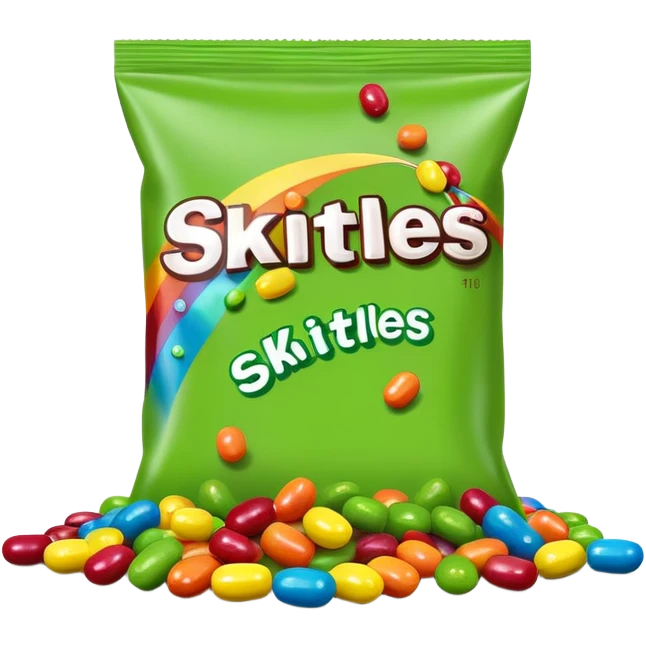 A colorful Skittles candy pack with green candies spilling out. Minimalist design with bright rainbow colors on the package and only green Skittles candies. emoji
