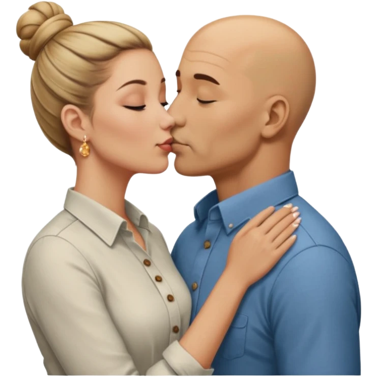 Mid aged Hispanic bald man kissing mid aged dark blonde white woman. She’s wearing a bun. He’s wearing a button down shirt. emoji