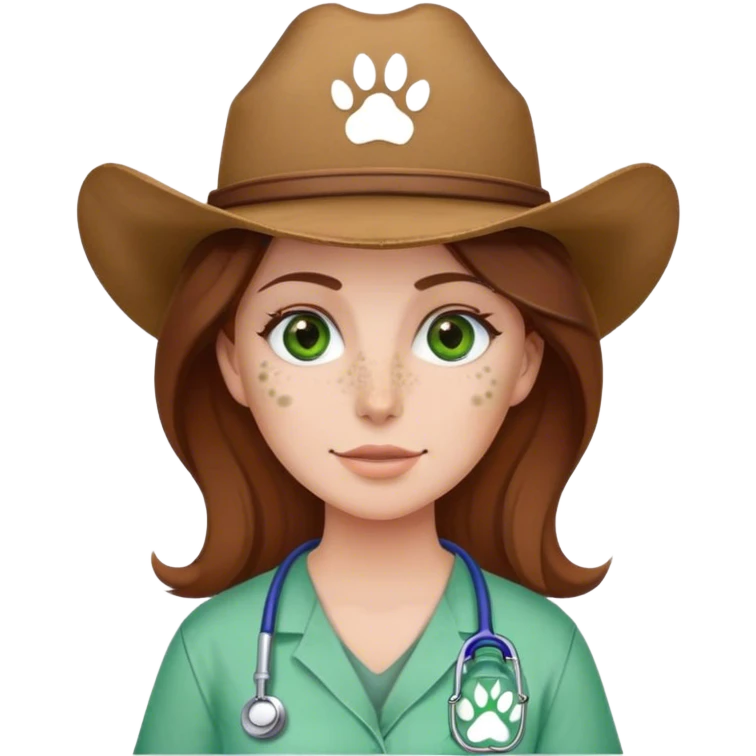 Pale Woman with brown hair and green eyes and freckles on her cheek bones wearing scrubs that have a paw print logo on only the scrubs  and a cow girl hat emoji