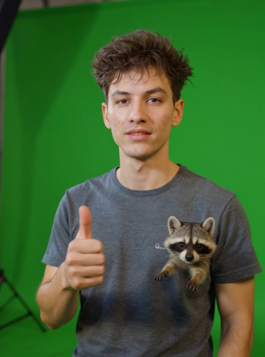 Make him holding happy raccoon showing thumbs up, in background movie set with green screen, proffesional light emoji