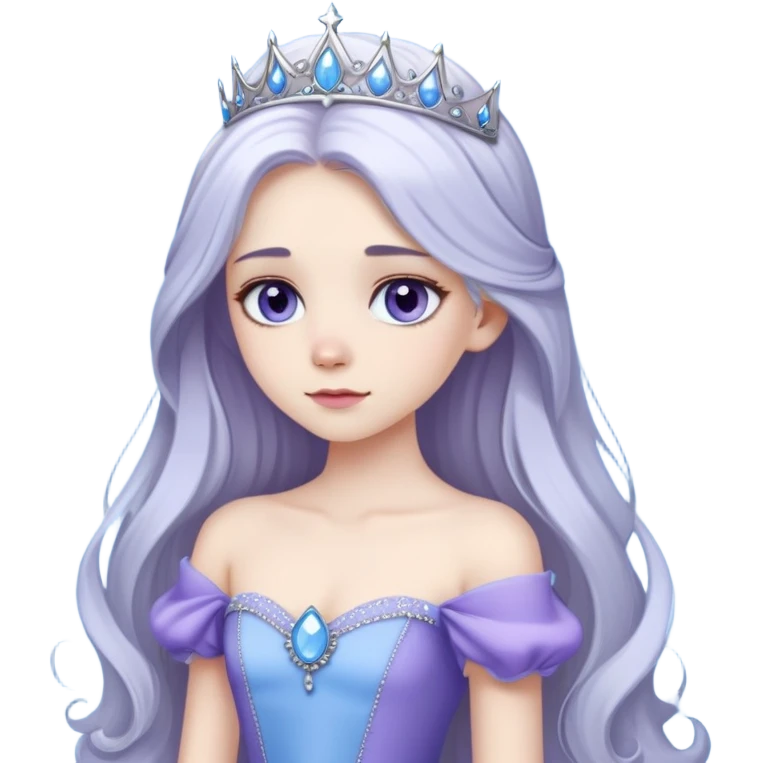 long haired girl with silver hair color and pale skin, she has a sky blue eye color and she's wearing a purple princess gown emoji