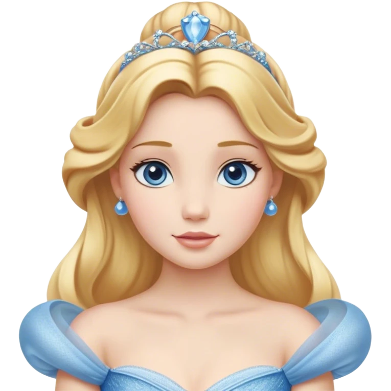 Cinematic Realistic Cute Cinderella Portrait, featuring fair, luminous skin with finely detailed texture and softly lit golden-blonde hair cascading in gentle waves. Her warm, inviting blue eyes sparkle with youthful charm and curiosity, while her classic, elegantly draped ball gown reveals meticulously rendered fabric details and natural folds. The overall composition is bathed in a gentle, realistic radiance that exudes both playfulness and heartfelt beauty. emoji