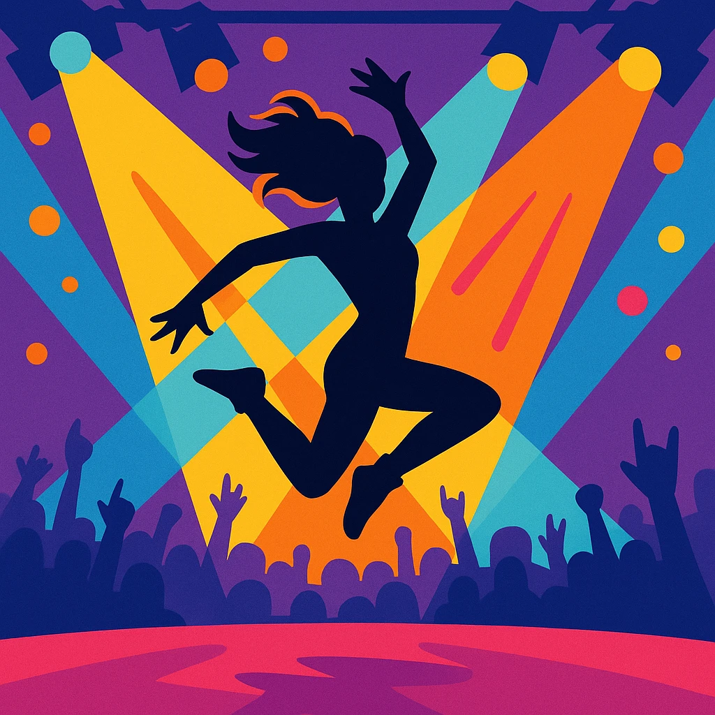 silhouette of a dancer jumping at a concert, bright stage lights, energetic vibe emoji