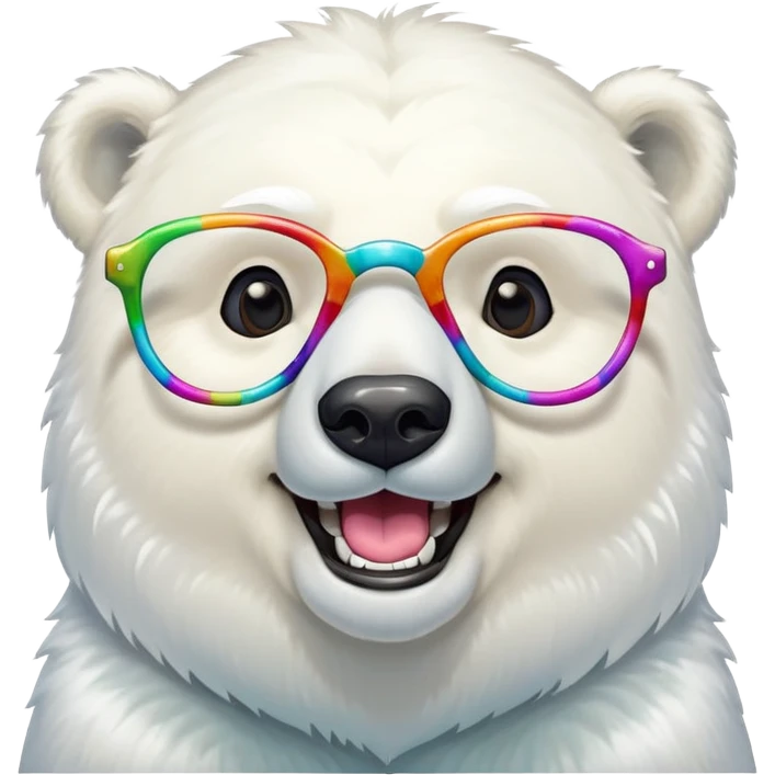 laughing polar bear headshot wearing large multicolored extravagant glasses emoji