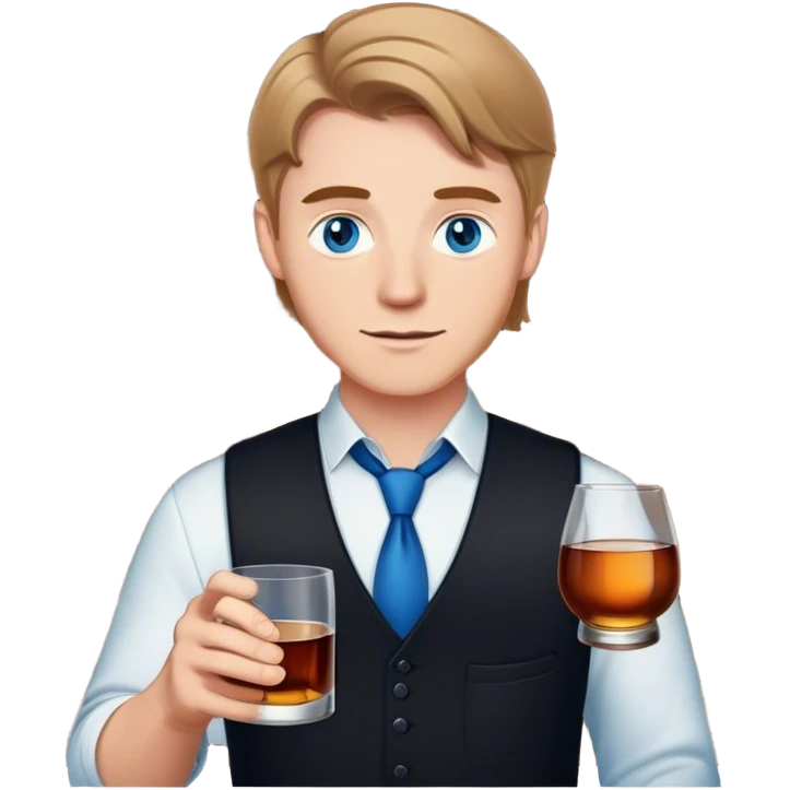 white guy light brown hair blue eyes wearing black holding whiskey emoji