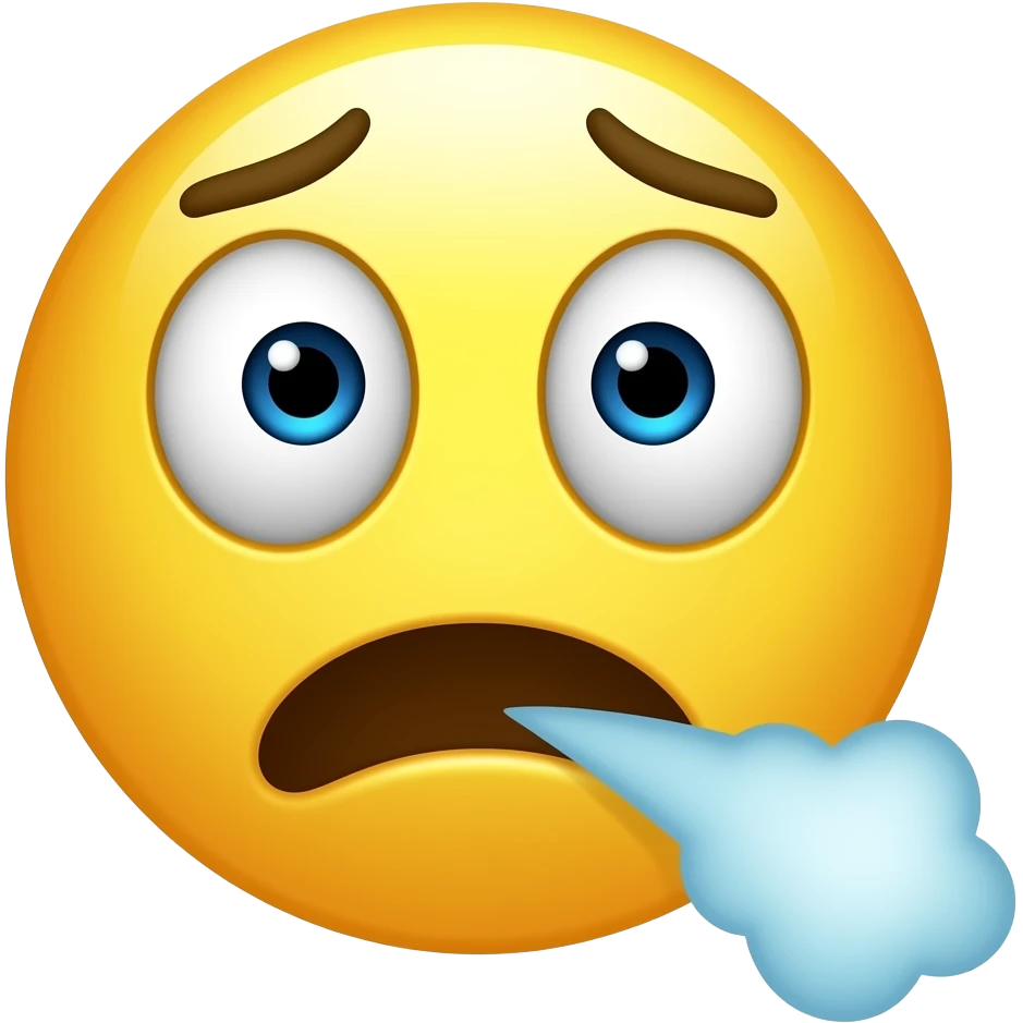 Yellow circle looking tired and suprised and air coming out of the mouth emoji