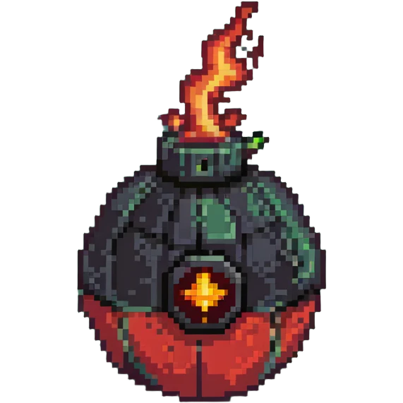 Red digital bomb with flame-shaped fuse at the top, round black bomb body with red accents, pixel art style emoji