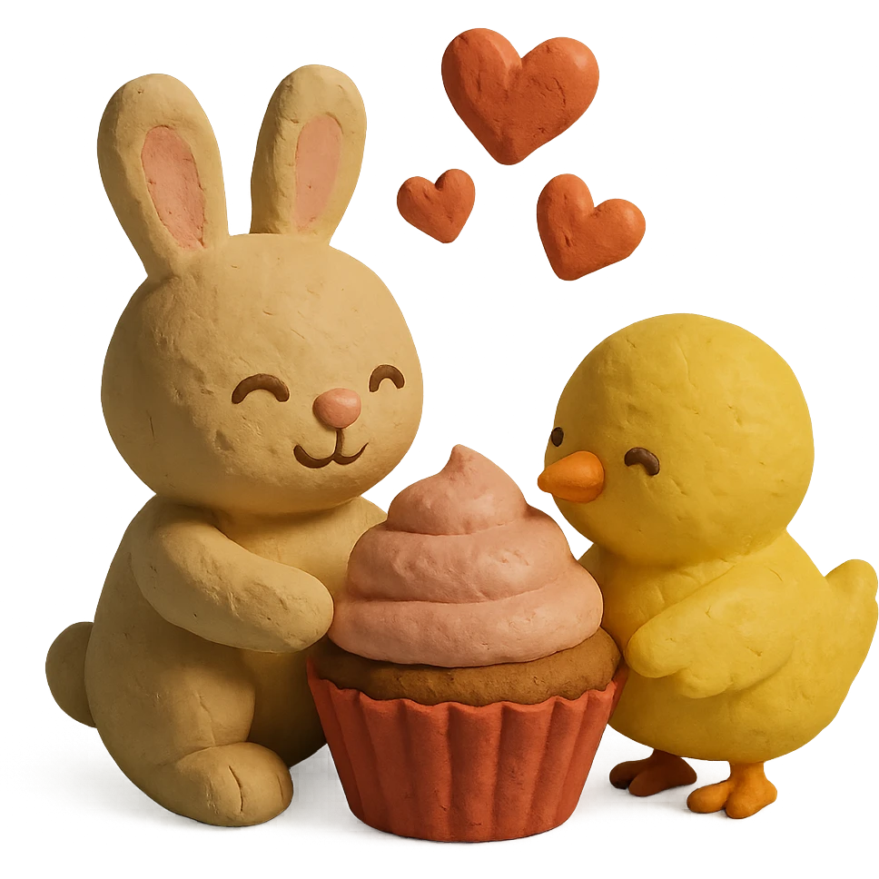 bunny and chick sharing cupcake with hearts floating, matte plasticine claymation style with visible fingerprints and pastel colors emoji