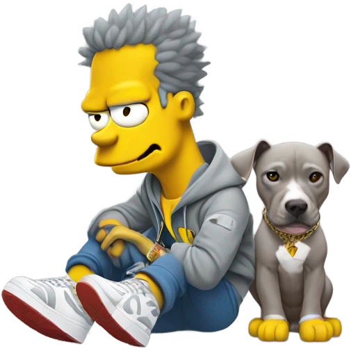 Bart Simpson wearing a gray Nike set with Jordan 4 and a pit bull sitting on the left of him emoji