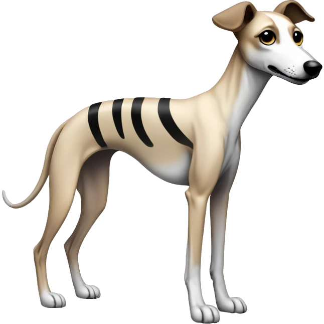 a beige with stripes whippet full body his The tip of the tail white colour and his left foot white color up up and a leash going out of frame, with a dark snout, black and white mouth patchy and black angel wing like eyes emoji